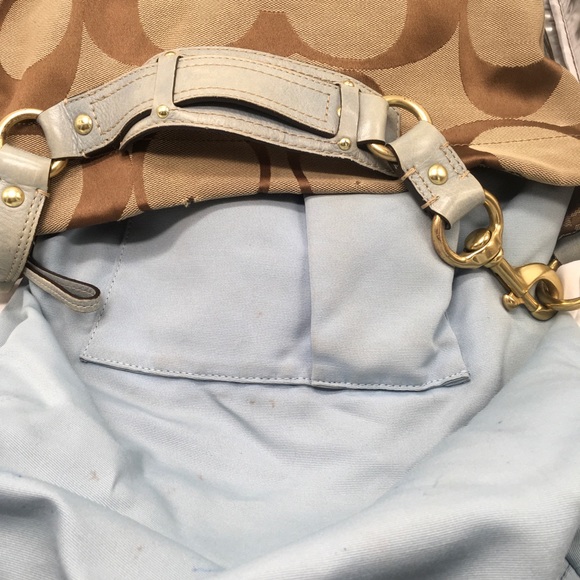 Coach Signature Carly Khaki Brown,Tan SlateBlue Leather Hobo Bag ✅Offers Welcome - Picture 11 of 12
